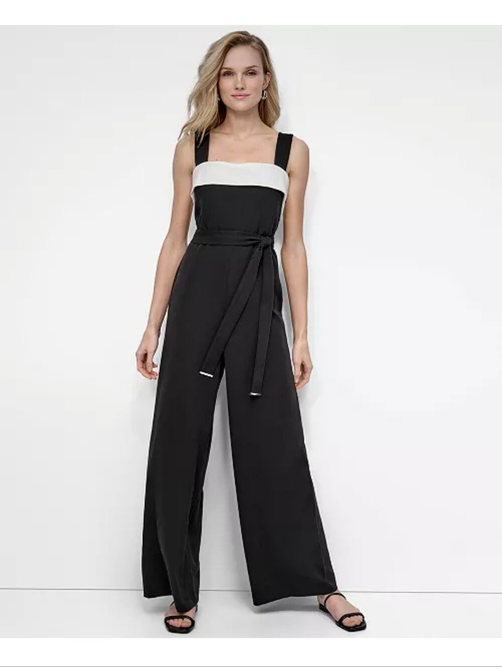 DKNY NWT $149 Black White Colorblock Wide Leg Jumpsuit Size 14 Minimalist